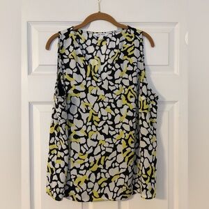 Nine West Sleeveless V-Neck Top Black White Yellow Abstract Print Women’s XL